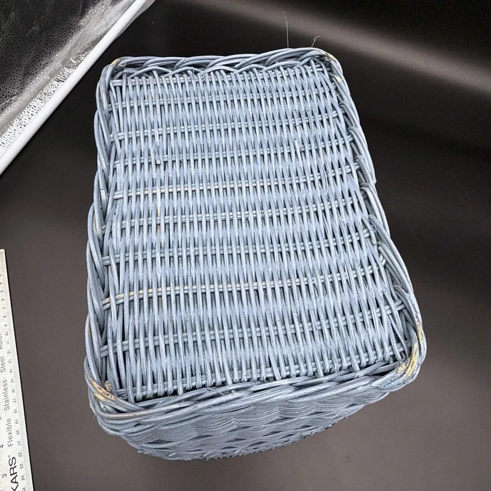 VTG Wicker Basket Light Blue Painted Braided Knot Openwork Lattice Decor